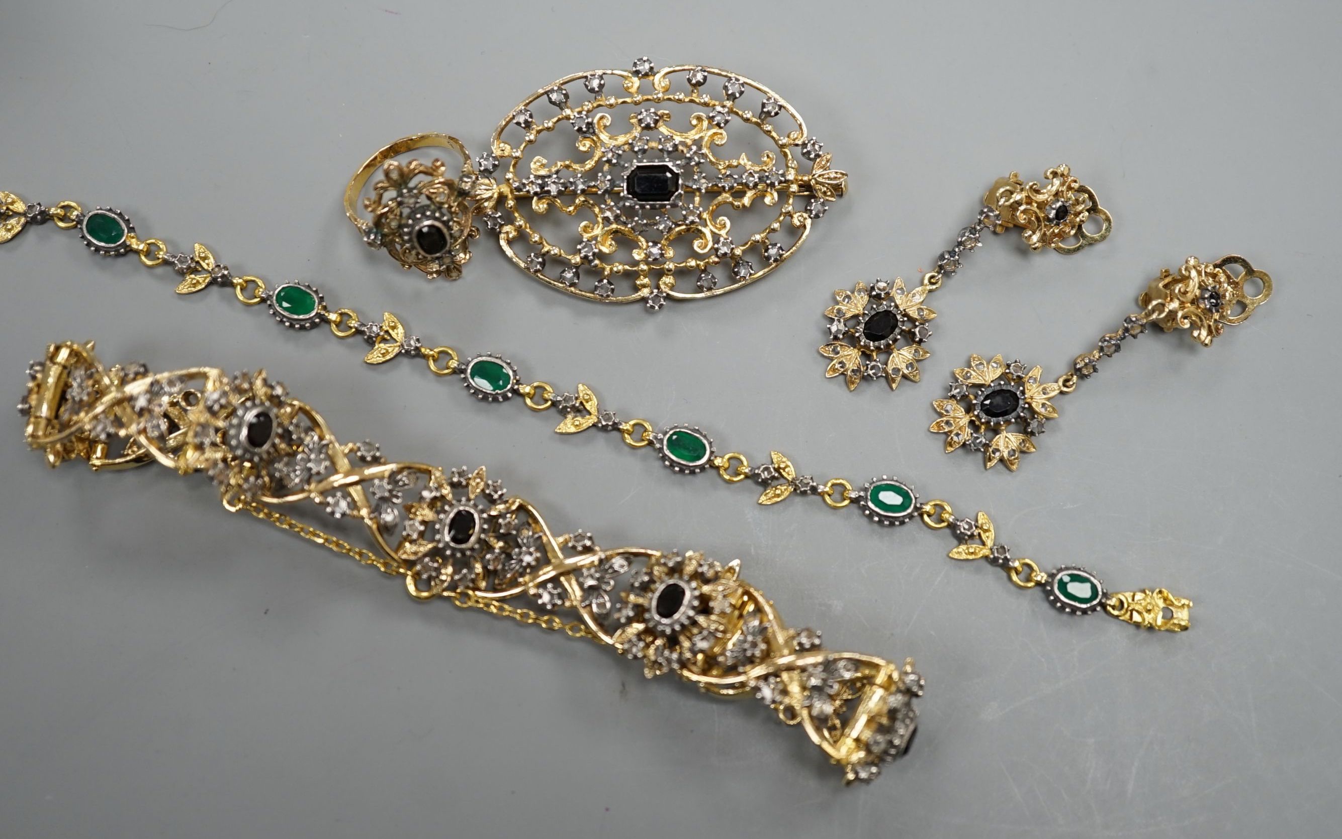 Six items of modern 925 gilt white metal jewellery, including bracelet, ring and pair of earrings.
